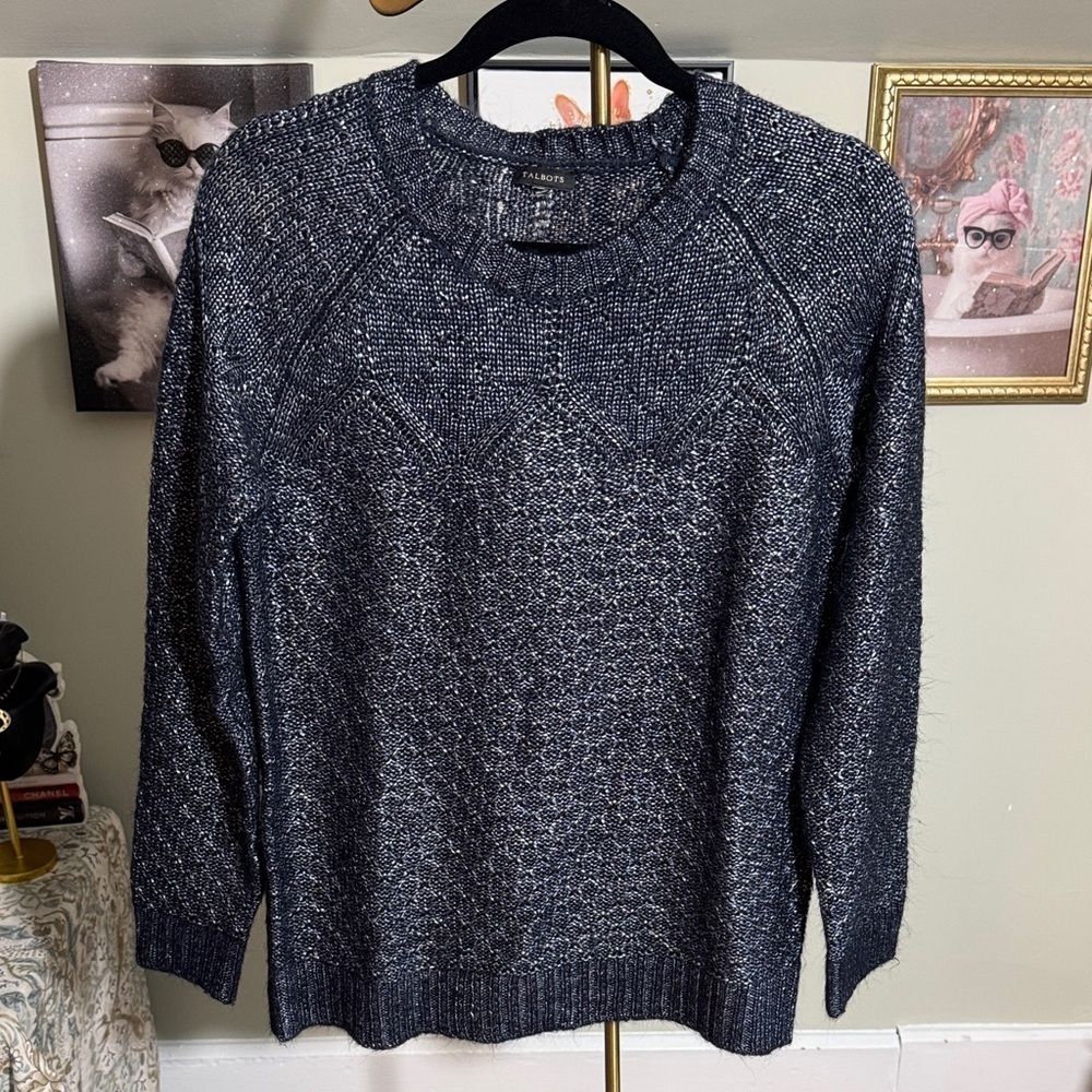 Beautiful EUC Talbots Dark Blue with Silver Textured Knit Sweater
